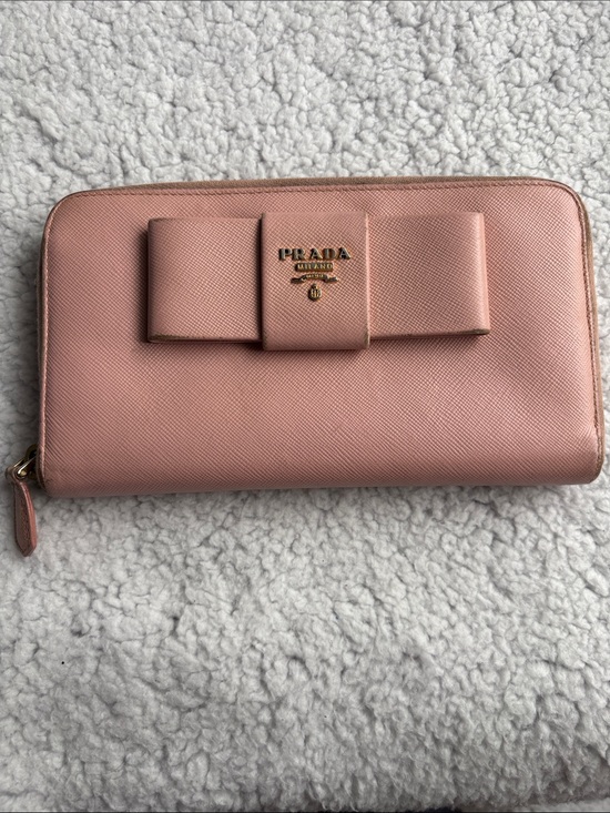 Prada Handbags - Prada Rose Pink Saffiano Fiocco Bow Zip-Around Leather Wallet Gold Hardware